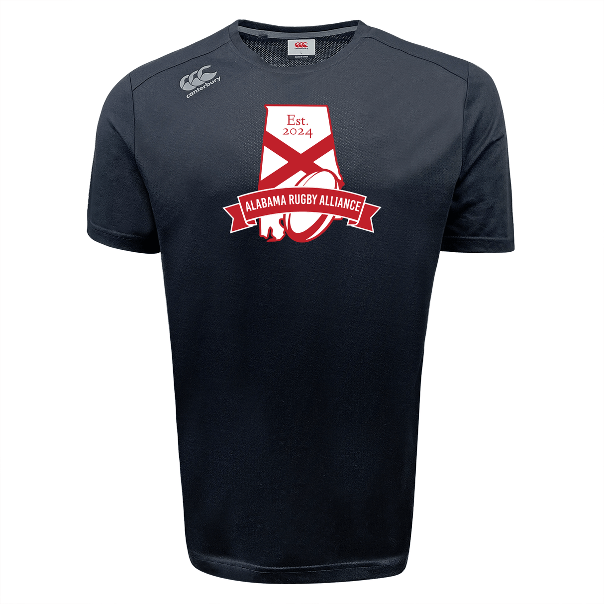 Navy blue sports tee featuring the WRS Canterbury Alabama Rugby Alliance Tempo Vapodri T-Shirt with "est. 2024" text, displayed on a plain white background.