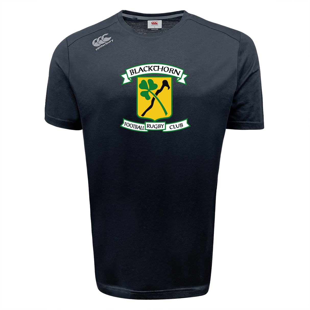 Dark blue WRS Canterbury Blackthorn RFC Tempo Vapodri t-shirt with the "blackhorn football rugby club" logo featuring a yellow shield, green clovers, and a rugby ball on the chest. The shirt includes