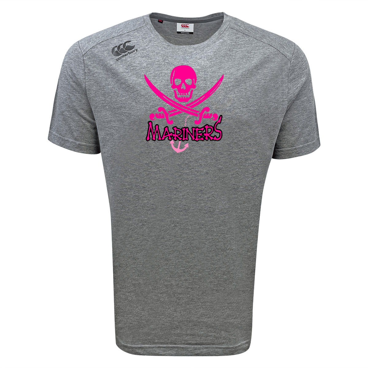 WRS Canterbury's SUNY Maritime Tempo Vapodri T-Shirt featuring a pink and white "mariners" logo with a skull and crossed swords design, displayed on a plain white background.