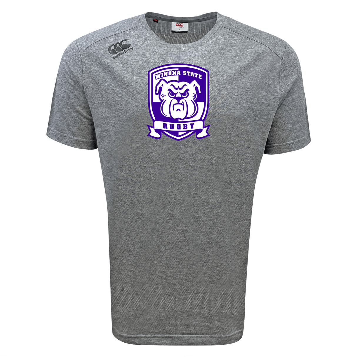 Gray Winona State University Tempo Vapodri T-Shirt by Canterbury with a purple and white "Winona State Rugby" logo on the front. The logo features a bulldog mascot within a shield. This moisture-wicking sports tee by WRS Canterbury keeps you dry and comfortable.