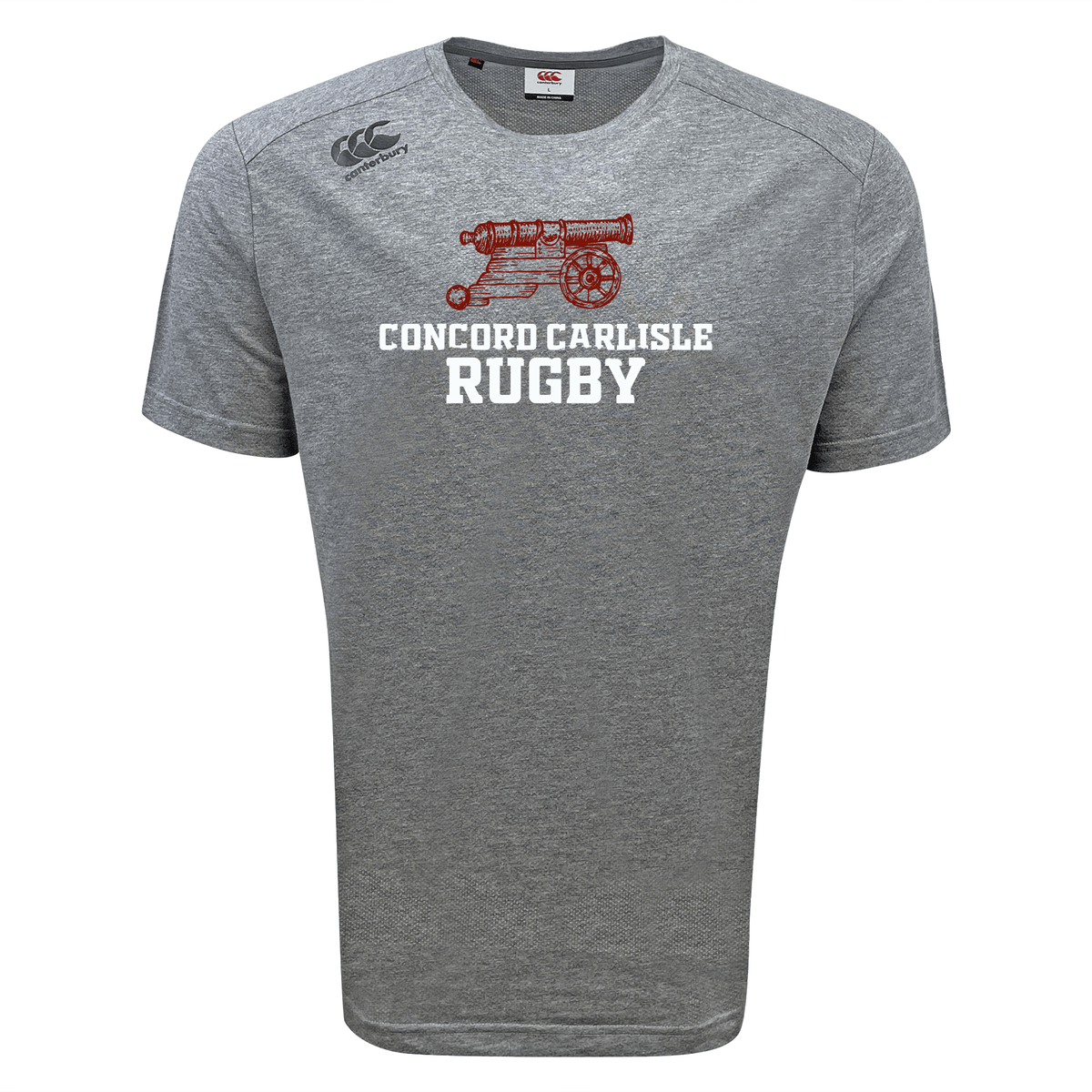 Introduce a touch of sportiness with the Concord Carlisle Rugby Tempo Vapodri T-Shirt by Canterbury, presented in gray and showcasing a cannon graphic alongside "Concord Carlisle Rugby" in white. Manufactured by WRS Canterbury, this tee incorporates moisture-wicking VapoDri technology to ensure you remain comfortable and dry both on and off the field.
