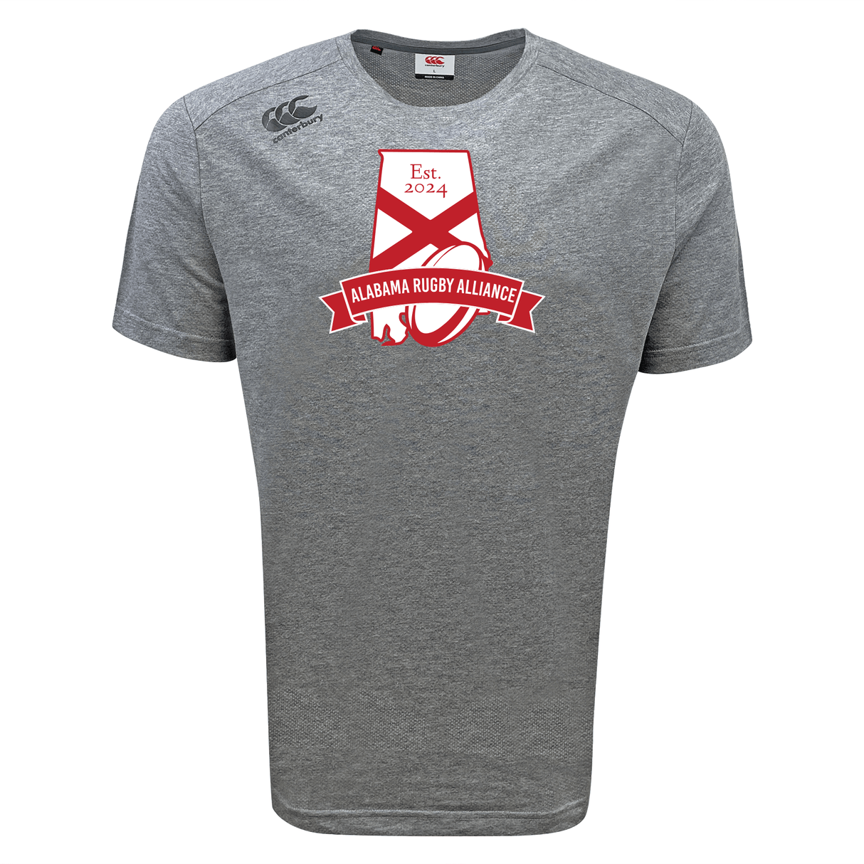 The Alabama Rugby Alliance Tempo Vapodri T-Shirt by WRS Canterbury is a gray sports tee showcasing the "Alabama Rugby Alliance" logo in red and "Est. 2024" text. Engineered with Vapodri technology for outstanding moisture-wicking performance, this shirt ensures comfort both on and off the field.