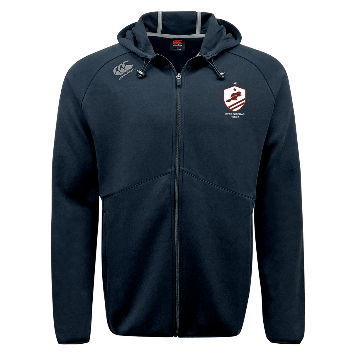 The West Potomac RFC Tempo Vapodri Full-Zip Hoodie by EMB Canterbury is a navy blue hoodie with a hood, drawstrings, and white printed logos. Moisture-wicking fabric keeps you comfortable and stylish during any activity.