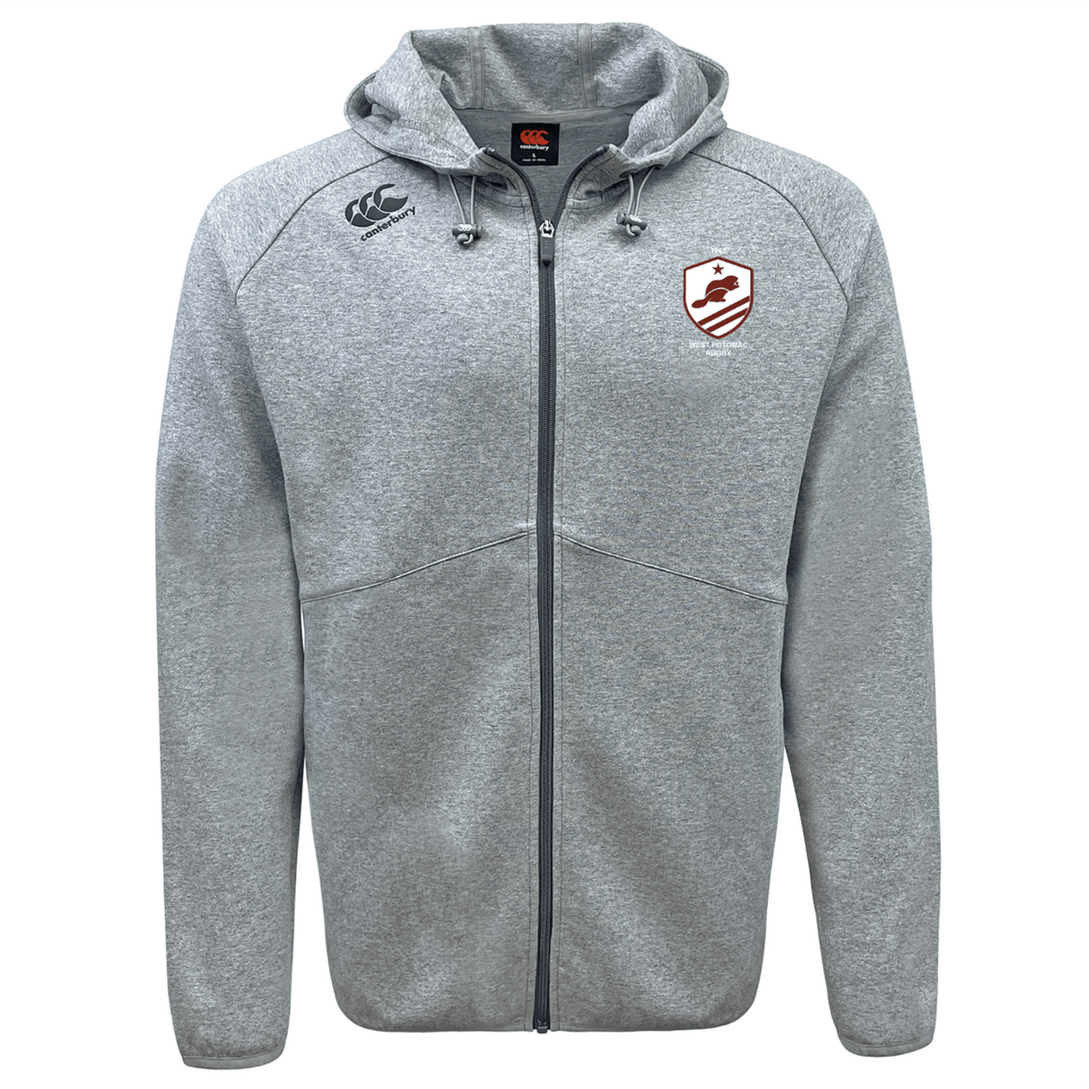 The West Potomac RFC Tempo Vapodri Full-Zip Hoodie by EMB Canterbury is a light gray hoodie with a hood, adjustable drawstrings, left chest logo, and right chest shield emblem. Its Vapodri fabric wicks moisture for all-day comfort.