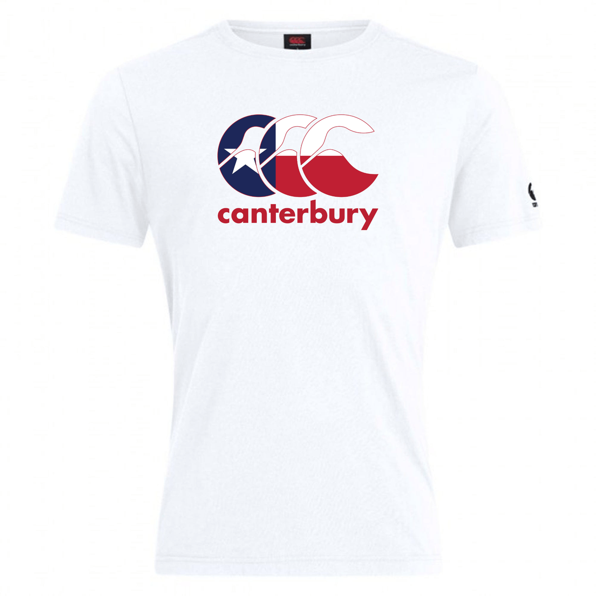 The Canterbury Texas CCC Flag Club T-shirt by WRS Canterbury features a white design with a red and navy logo and text on the front, plus a small black sleeve logo—a classic look reflecting rugby pride.