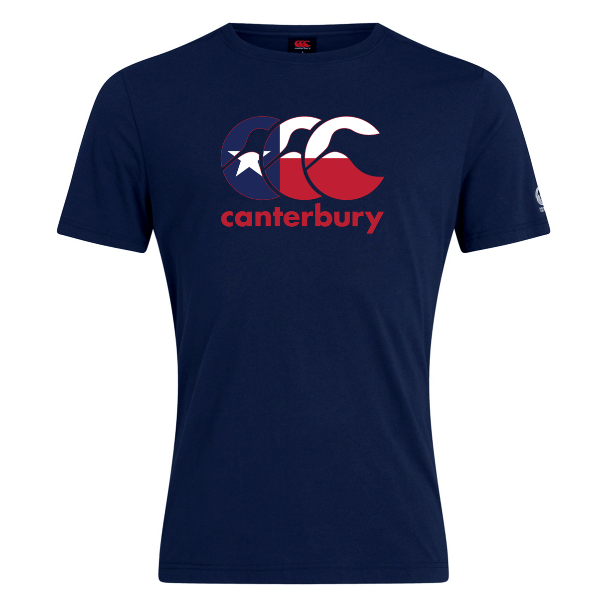 Show your rugby pride in the Canterbury Texas CCC Flag Club T-shirt by WRS Canterbury, featuring a navy blue design with the iconic logo in red, white, and blue plus "canterbury" printed below.