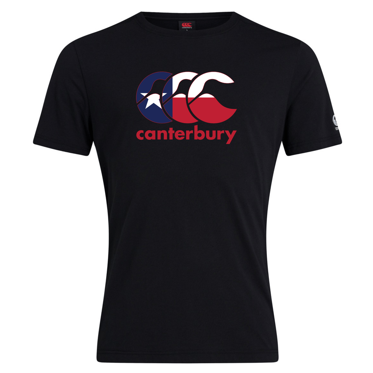 Show your rugby pride with the WRS Canterbury Texas CCC Flag Club T-shirt, a black short-sleeve tee featuring the iconic red, white, and blue Flag Club logo above "canterbury" on the chest.