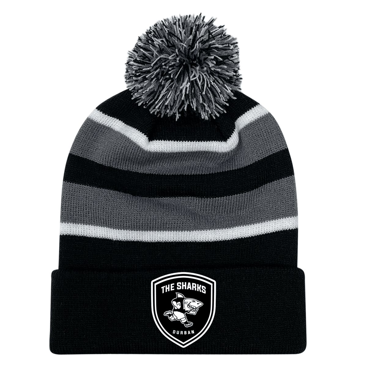 A black and grey striped Sharks Crest Hooped Pom-Pom Beanie, perfect for rugby fans and Sharks enthusiasts, made by EMB Augusta.