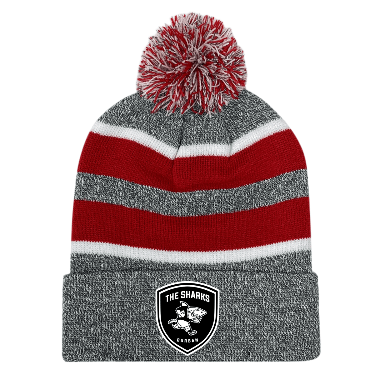 A grey and red Sharks Crest Hooped Pom-Pom Beanie, perfect for EMB Augusta rugby fans.