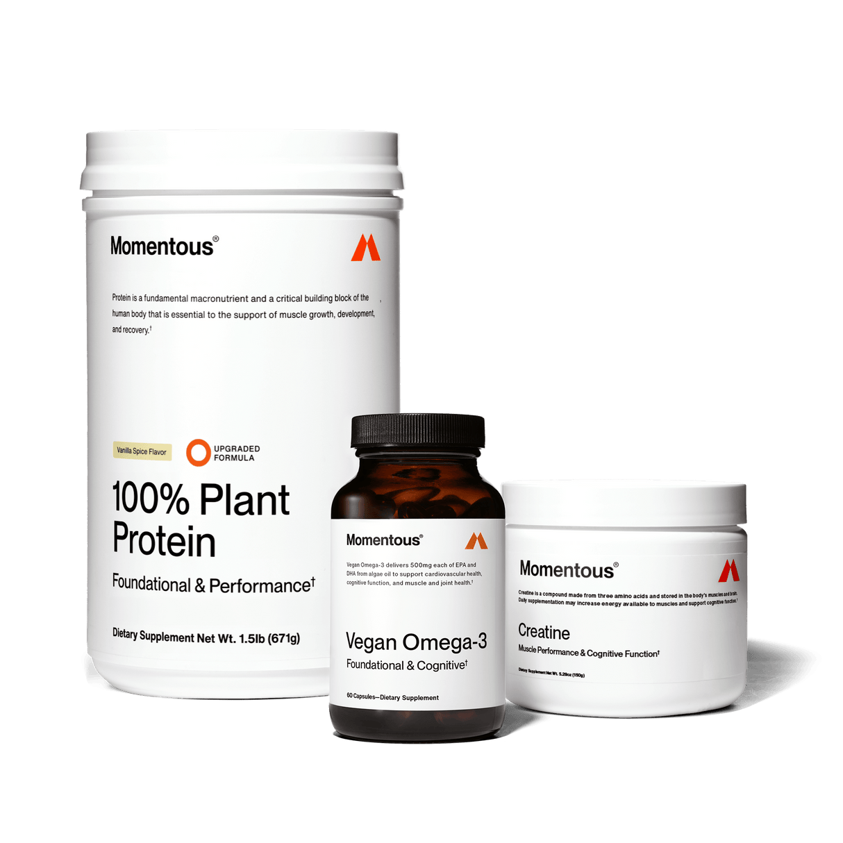 The Momentous Three - Vegan by Momentous features a 100% Plant Protein container, Vegan Omega-3 capsules, and a Creatine tub displayed side by side on a white background.