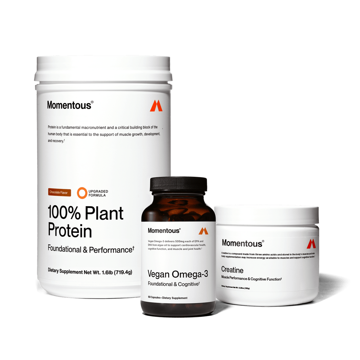 The Momentous Three - Vegan by Momentous includes a large vegan protein tub, an omega-3 bottle, and a creatine tub, all shown on white backgrounds with clear product labels.