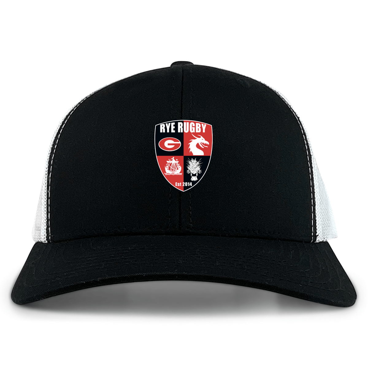 The Rye High School Rugby Retro Trucker Cap by EMB S&S Activewear features black and white panels, a "Rye Rugby" crest with logos and "EST 2014", made from a cotton-poly blend with an adjustable snapback closure.