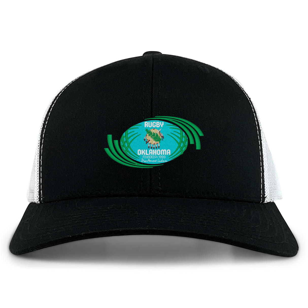 The Rugby Oklahoma Retro Trucker Cap by EMB S&S Activewear features black and white panels, green accents, an embroidered Rugby Oklahoma Festival 2023 logo with a rugby ball graphic, and an adjustable snapback closure for comfort.