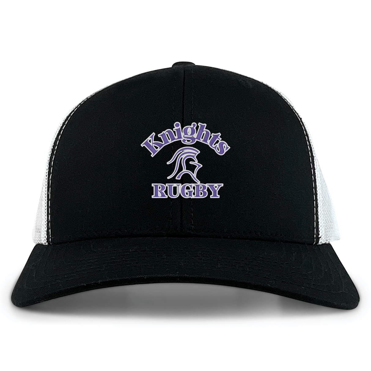 The Ardrey Kell Rugby Retro Trucker Cap by EMB S&S Activewear features a black and white design, embroidered "Knights Rugby" logo with knight helmet on the front, and a classic snapback closure for an adjustable fit.