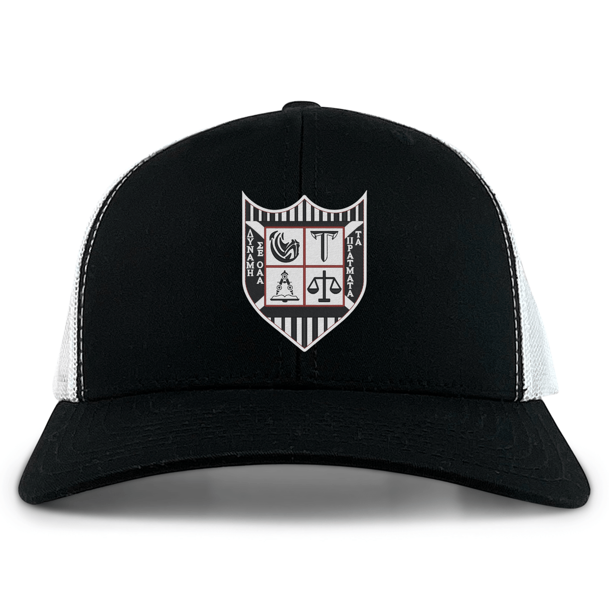The Troy University Rugby Retro Trucker Cap by EMB S&S Activewear is a black and white cap with an embroidered crest on the front and a snapback closure for adjustable comfort.