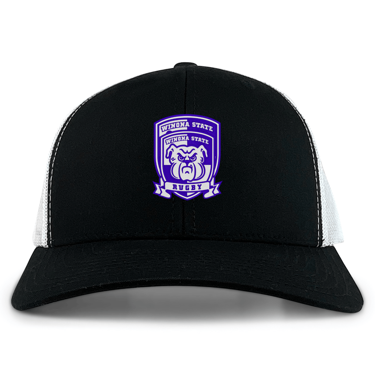The Winona State University Retro Trucker Cap by EMB S&S Activewear is a black and white hat featuring a purple and white rugby bulldog logo embroidery on the front and a classic snapback closure.
