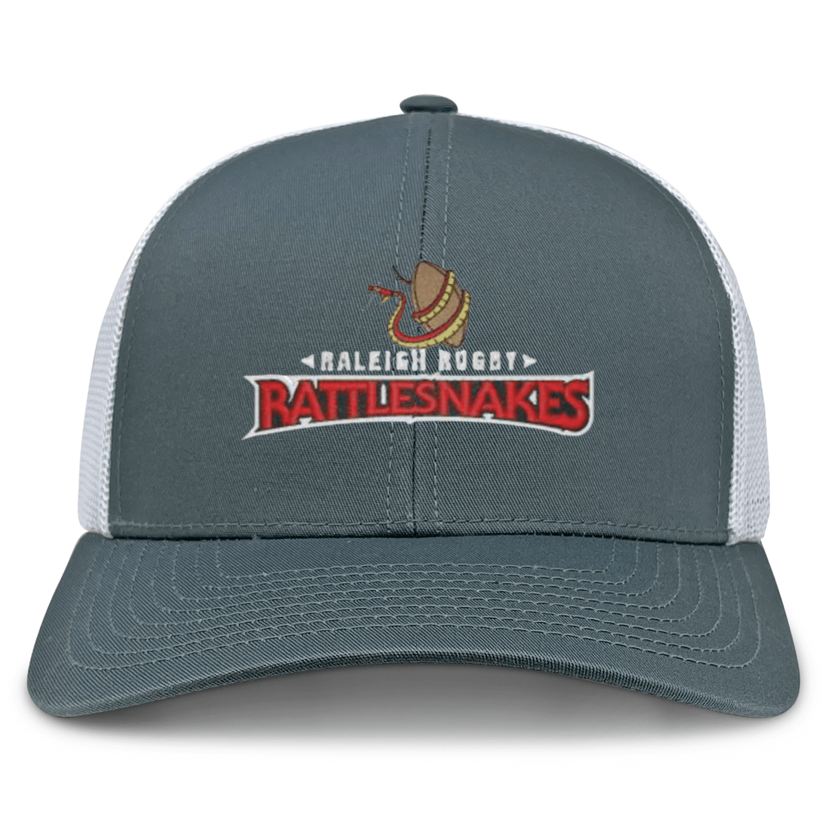 The Raleigh Rattlesnakes Rugby Retro Trucker Cap by EMB S&S Activewear features a gray and white design with a bold team logo—coiled rattlesnake above red and white text.