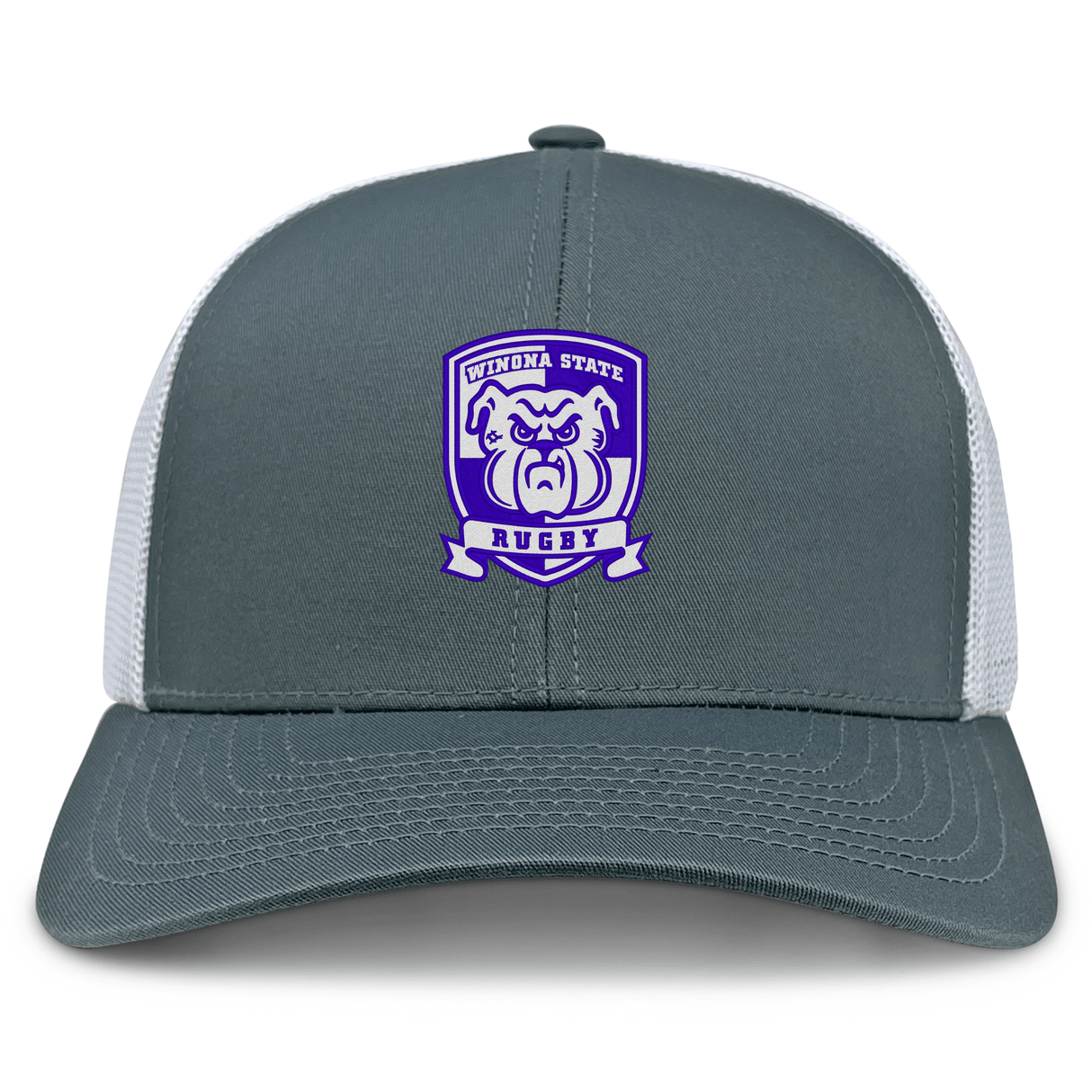 The Winona State University Retro Trucker Cap by EMB S&S Activewear features a gray and white design, an embroidered Vinda State Rugby bulldog logo in purple and white, and a classic snapback closure for comfort.