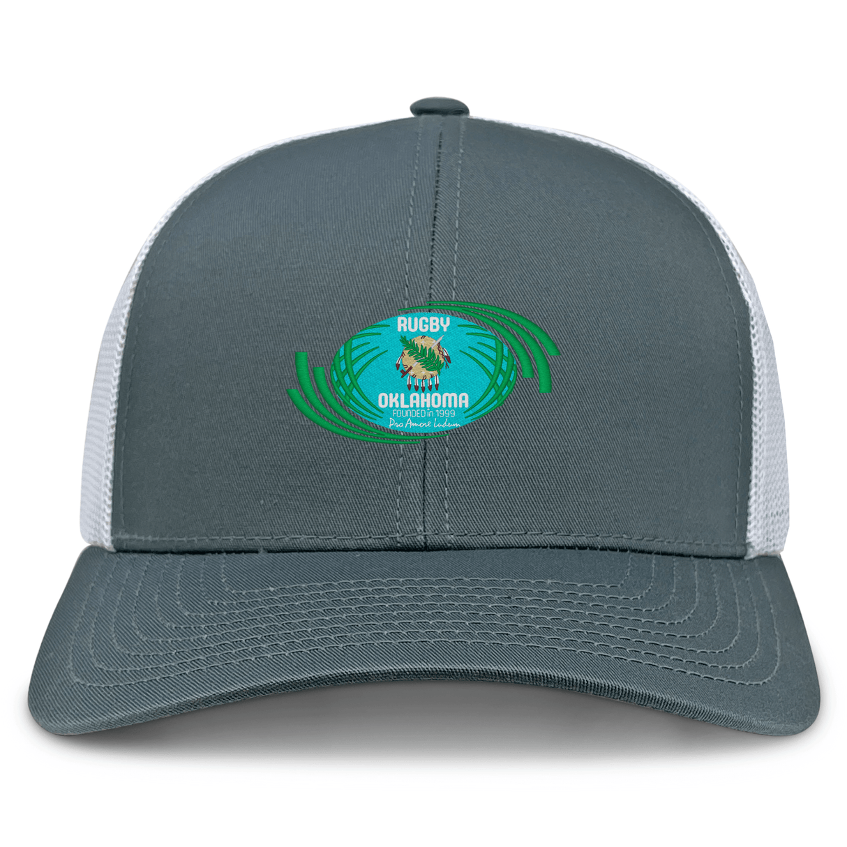 The Rugby Oklahoma Retro Trucker Cap by EMB S&S Activewear features a gray and white design, an embroidered green and blue "Rugby Oklahoma Youth Rugby" logo on the front, and an adjustable snapback closure.
