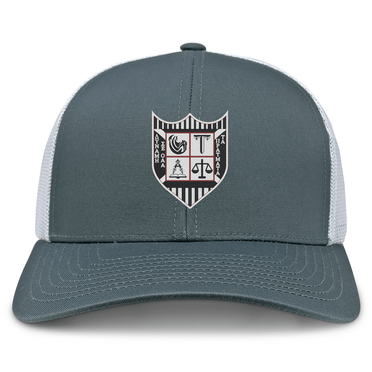The Troy University Rugby Retro Trucker Cap by EMB S&S Activewear features a gray and white design with an embroidered black and white shield emblem on the front and a classic snapback closure for adjustable fit.