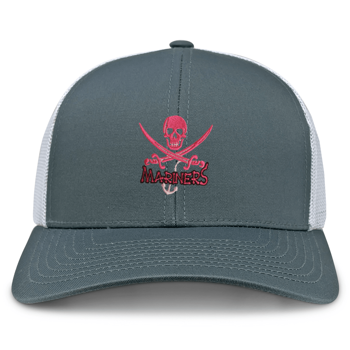 The SUNY Maritime Retro Trucker Cap by EMB S&S Activewear features gray and white panels, a pink skull and crossbones above "Mariners" on the front, and a snapback closure for adjustable fit.