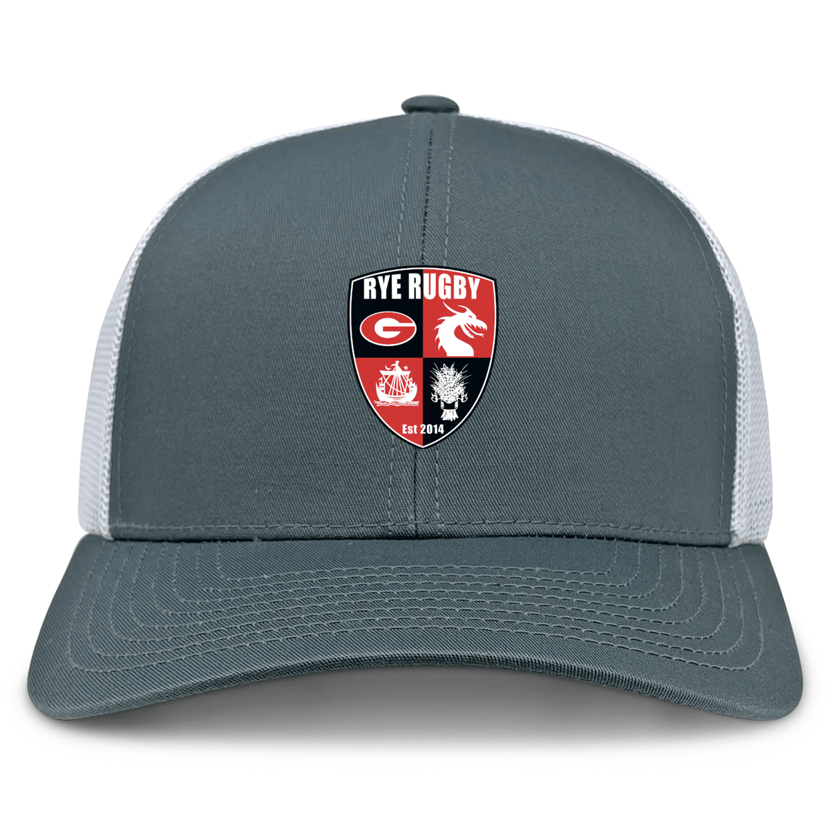 The Rye High School Rugby Retro Trucker Cap by EMB S&S Activewear features a gray and white design, a “Rye Rugby” crest with red, black, and white details, “Est 2014” on the front, an adjustable snapback, and a polyester-cotton blend.