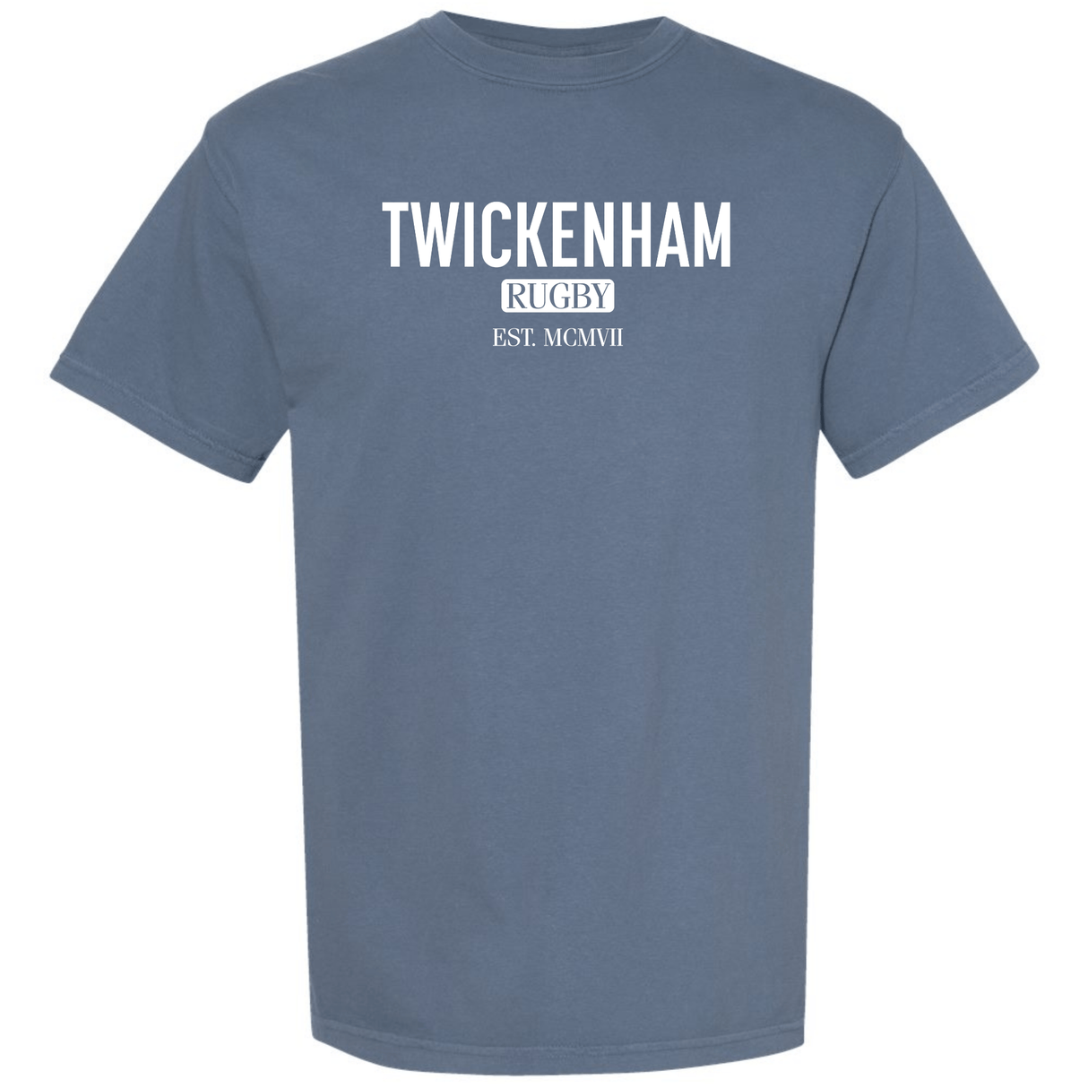 The WRS S&S Activewear Twickenham Stadium Tee is a blue shirt with "TWICKENHAM RUGBY EST. MCMVII" in white on the front—an ideal addition to any rugby shirt collection.