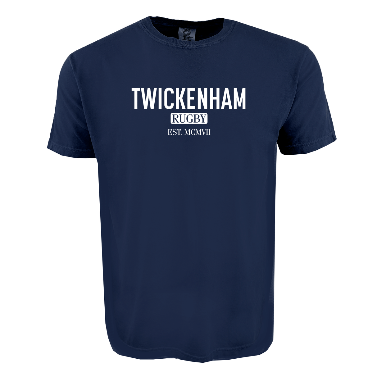 The WRS S&S Activewear Twickenham Stadium Tee is a navy blue shirt with "TWICKENHAM RUGBY EST. MCMVII" boldly printed in white on the front.