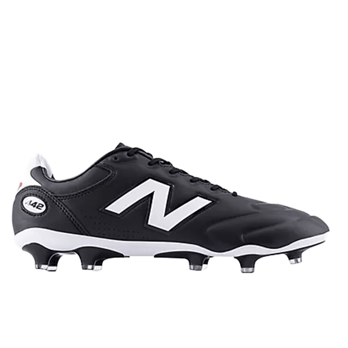 The New Balance Wide 442 Elite FG v3 soccer cleat in black and white features premium leather, a side logo, and metal studs, shown on a plain white background.