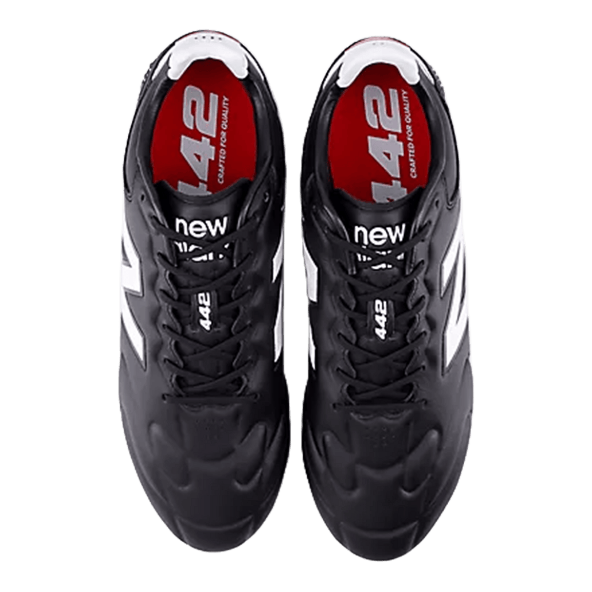 Top view of New Balance 442 Elite FG v3 soccer cleats in black/white, featuring white accents and red insoles with bold “442” text.