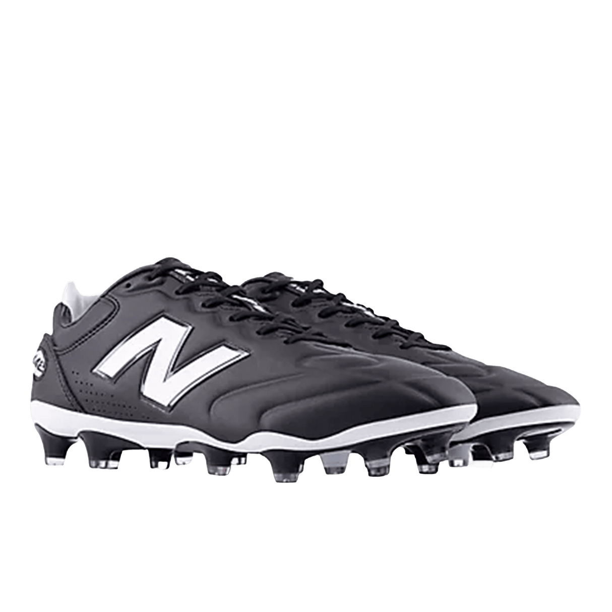 A pair of New Balance Wide 442 Elite FG v3 soccer cleats in black and white, featuring premium leather and molded studs, shown on a white background.