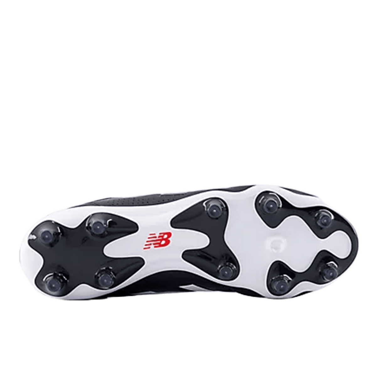 Bottom view of the New Balance Wide 442 Elite FG v3 soccer cleat in black and white, featuring premium leather, a red NB logo, and six round studs—ideal for top firm ground play.