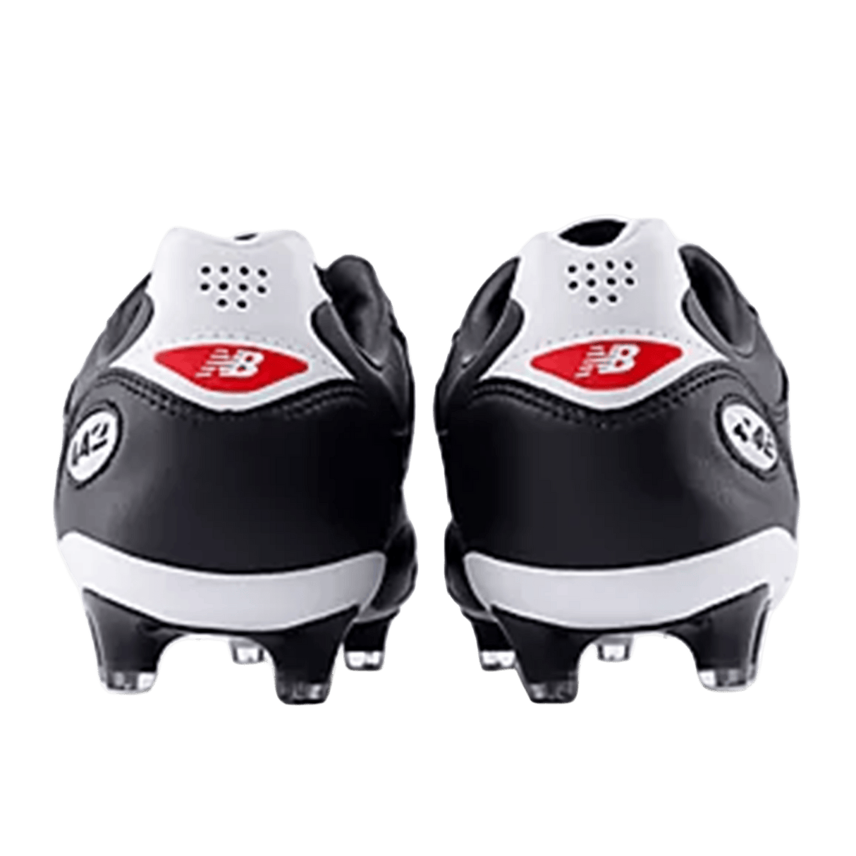 Rear view of New Balance Wide 442 Elite FG v3 soccer cleats in black/white, featuring premium leather, red and white logo details, and metal studs. Designed by New Balance for high-performance play on firm ground.
