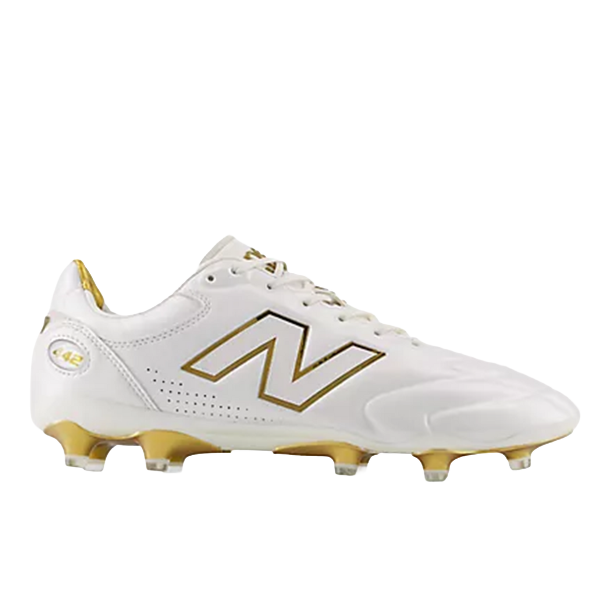 The New Balance Wide 442 Elite FG v3 in Sea Salt/Gold Metallic is a wide soccer cleat for firm ground, featuring molded studs and the signature logo on the side.