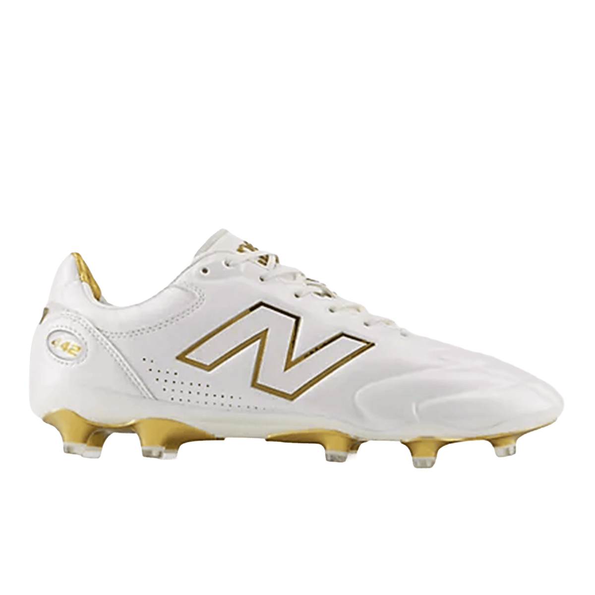 The New Balance Wide 442 Elite FG v3 in Sea Salt/Gold Metallic is a wide soccer cleat for firm ground, featuring molded studs and the signature logo on the side.
