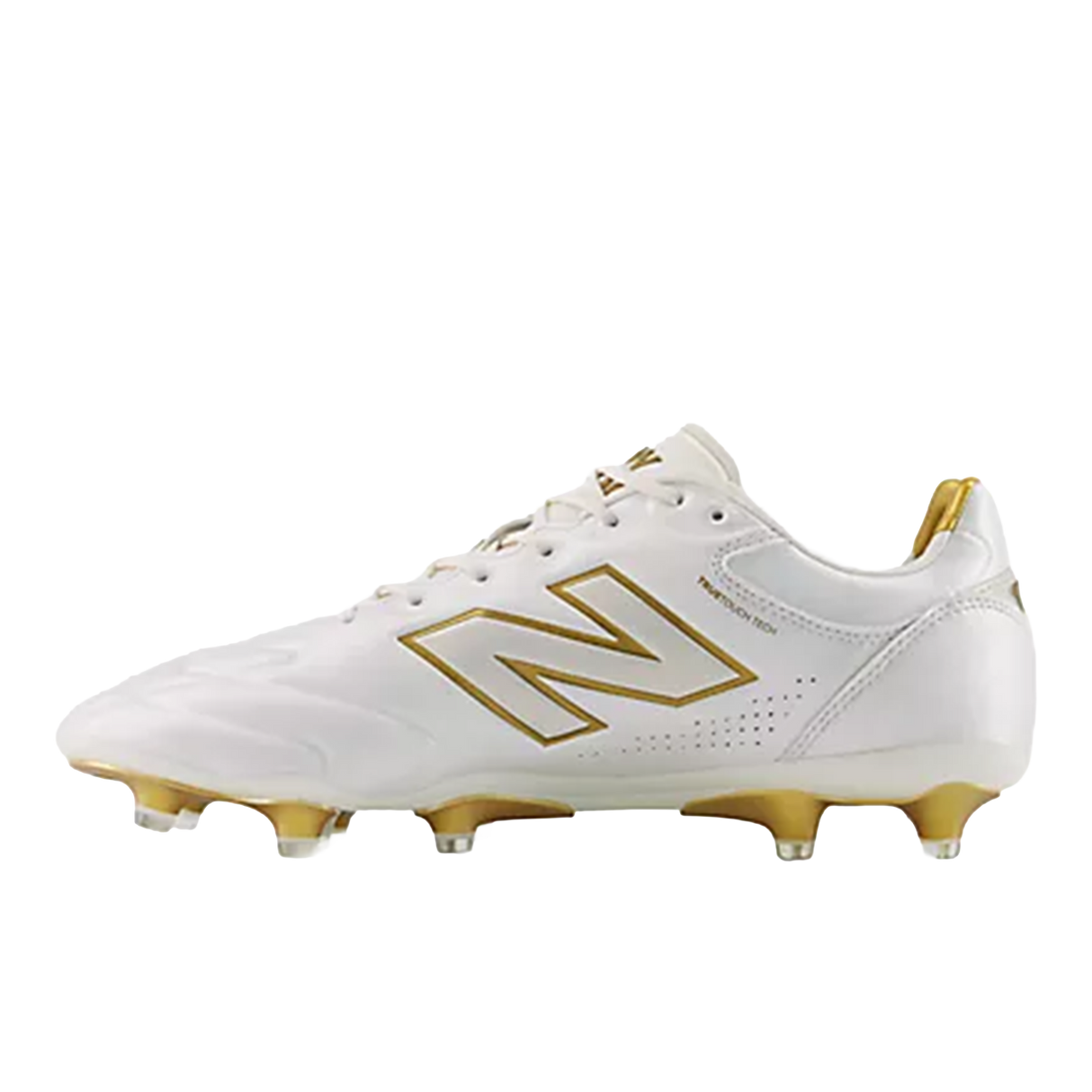 The New Balance 442 Elite FG v3 soccer cleat in Sea Salt/Gold Metallic is shown on a white background, featuring DynamicTouch Tech for enhanced firm ground performance.