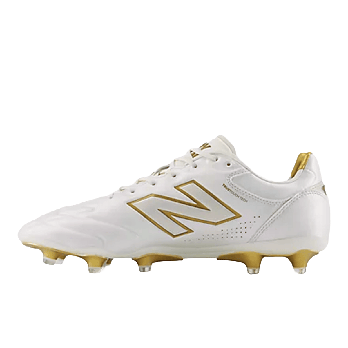 The New Balance 442 Elite FG v3 soccer cleat in Sea Salt/Gold Metallic is shown on a white background, featuring DynamicTouch Tech for enhanced firm ground performance.
