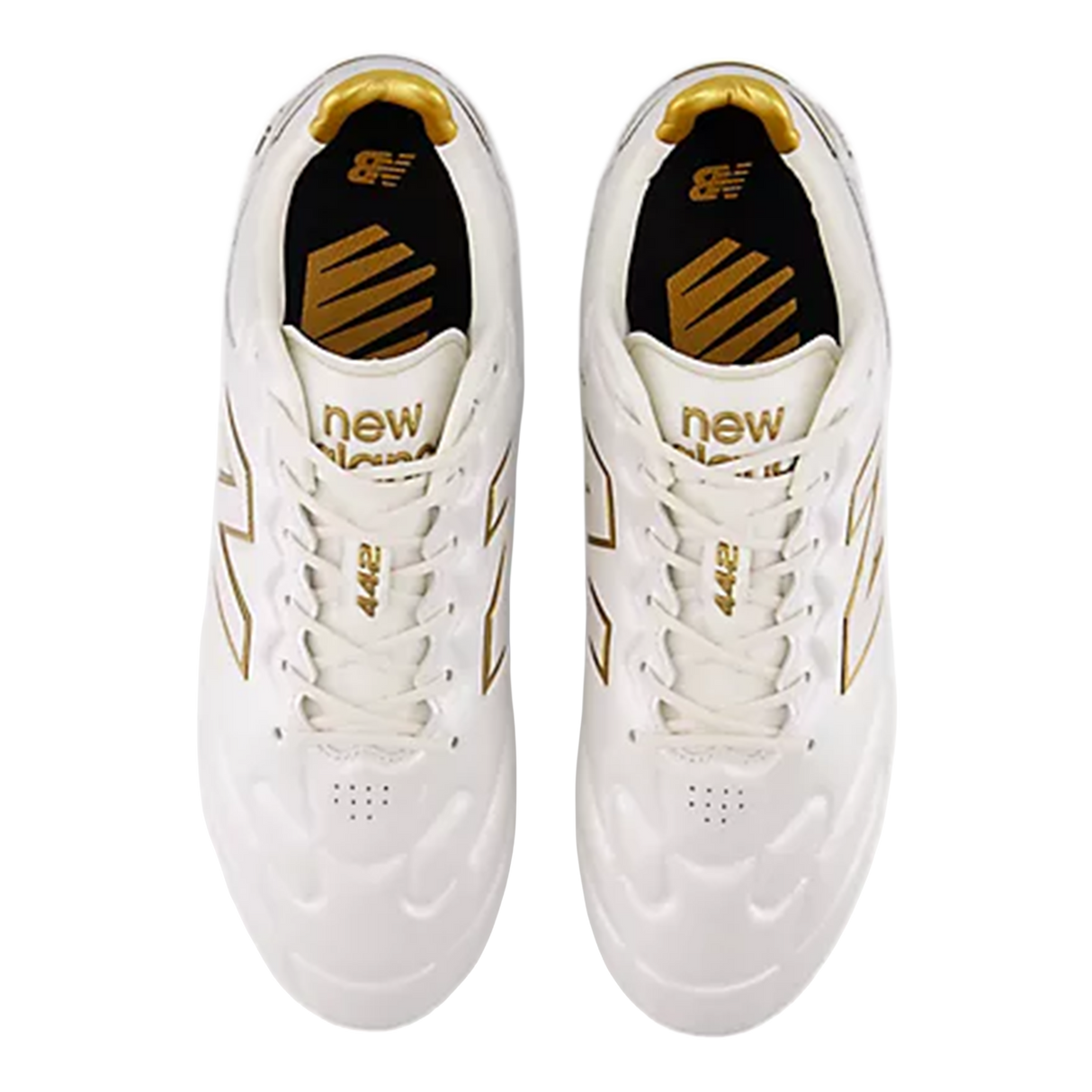 Top view of New Balance Wide 442 Elite FG v3 soccer cleats in Sea Salt/Gold Metallic, featuring gold accents and branding on the tongues and insoles, designed for firm ground play.
