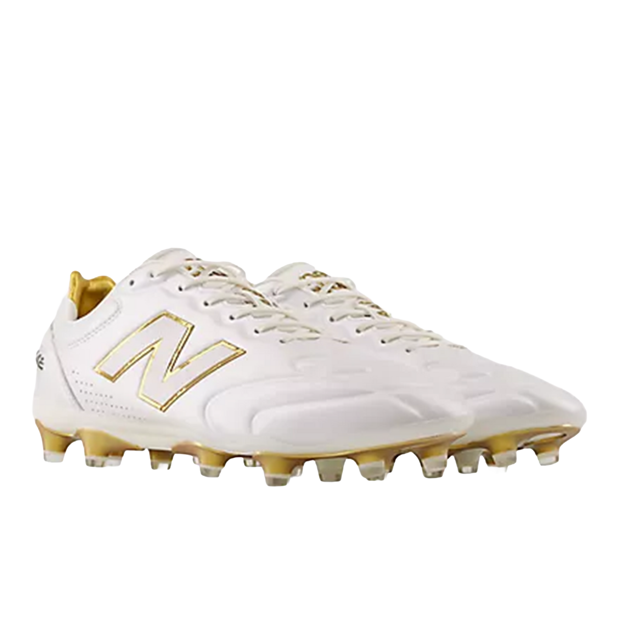 A pair of New Balance Wide 442 Elite FG v3 soccer cleats in Sea Salt/Gold Metallic, featuring molded studs for firm ground play, shown on a white background.