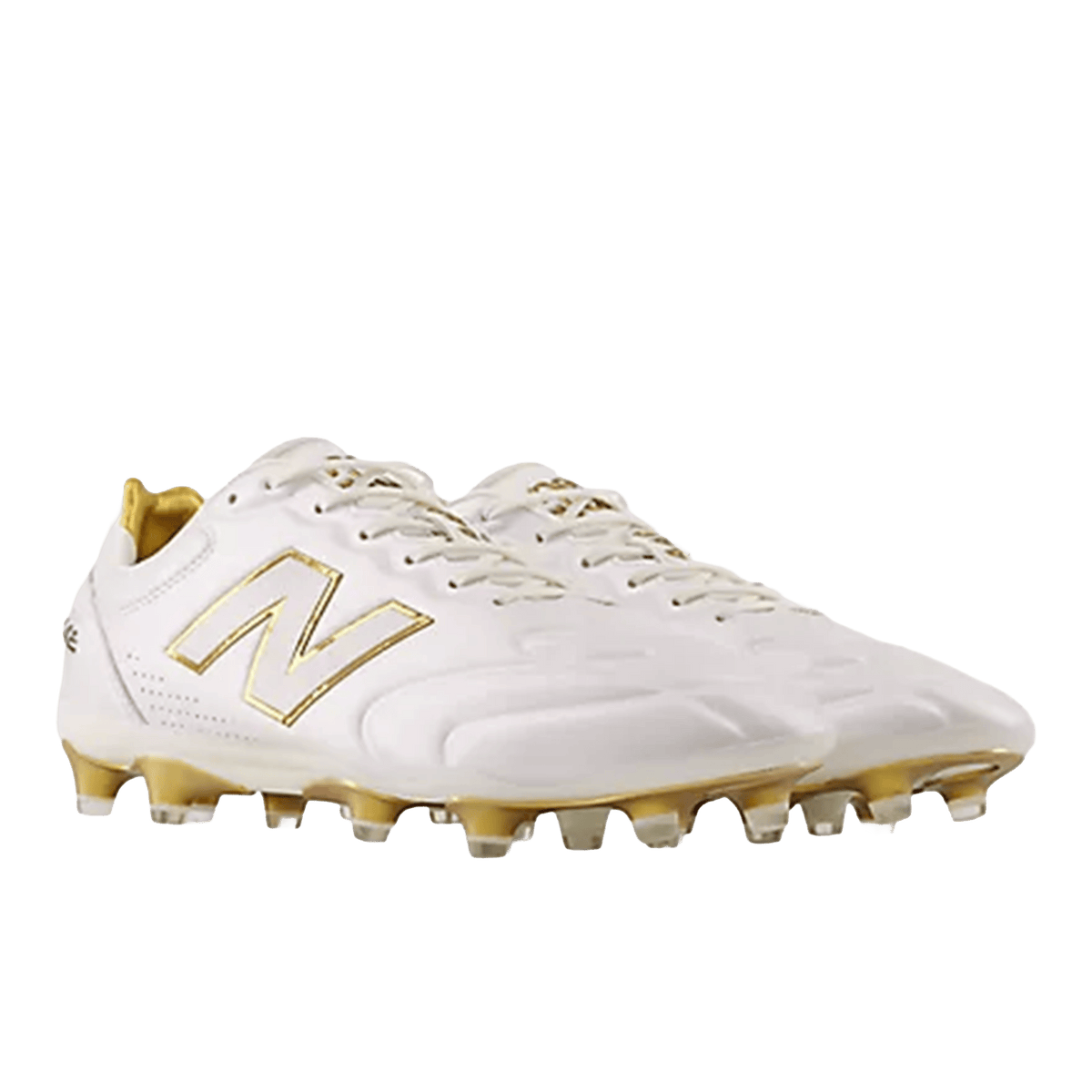 A pair of New Balance Wide 442 Elite FG v3 soccer cleats in Sea Salt/Gold Metallic, featuring molded studs for firm ground play, shown on a white background.