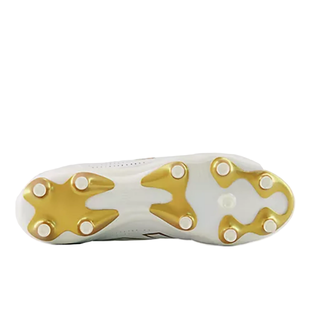 The image displays the sole of the New Balance Wide 442 Elite FG v3 soccer cleat in Sea Salt/Gold Metallic, featuring studded grips for firm ground traction.