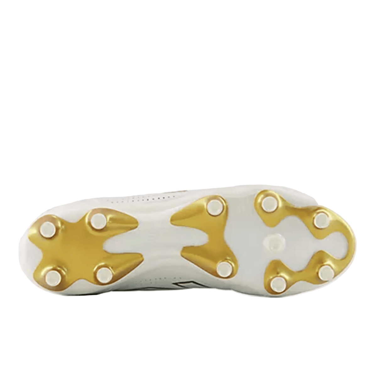 The image displays the sole of the New Balance Wide 442 Elite FG v3 soccer cleat in Sea Salt/Gold Metallic, featuring studded grips for firm ground traction.