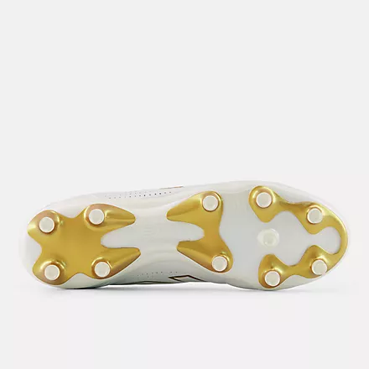 The sole of the New Balance 442 Elite FG v3 soccer cleat in Sea Salt/Gold Metallic, featuring gold and white studs, viewed from the bottom.