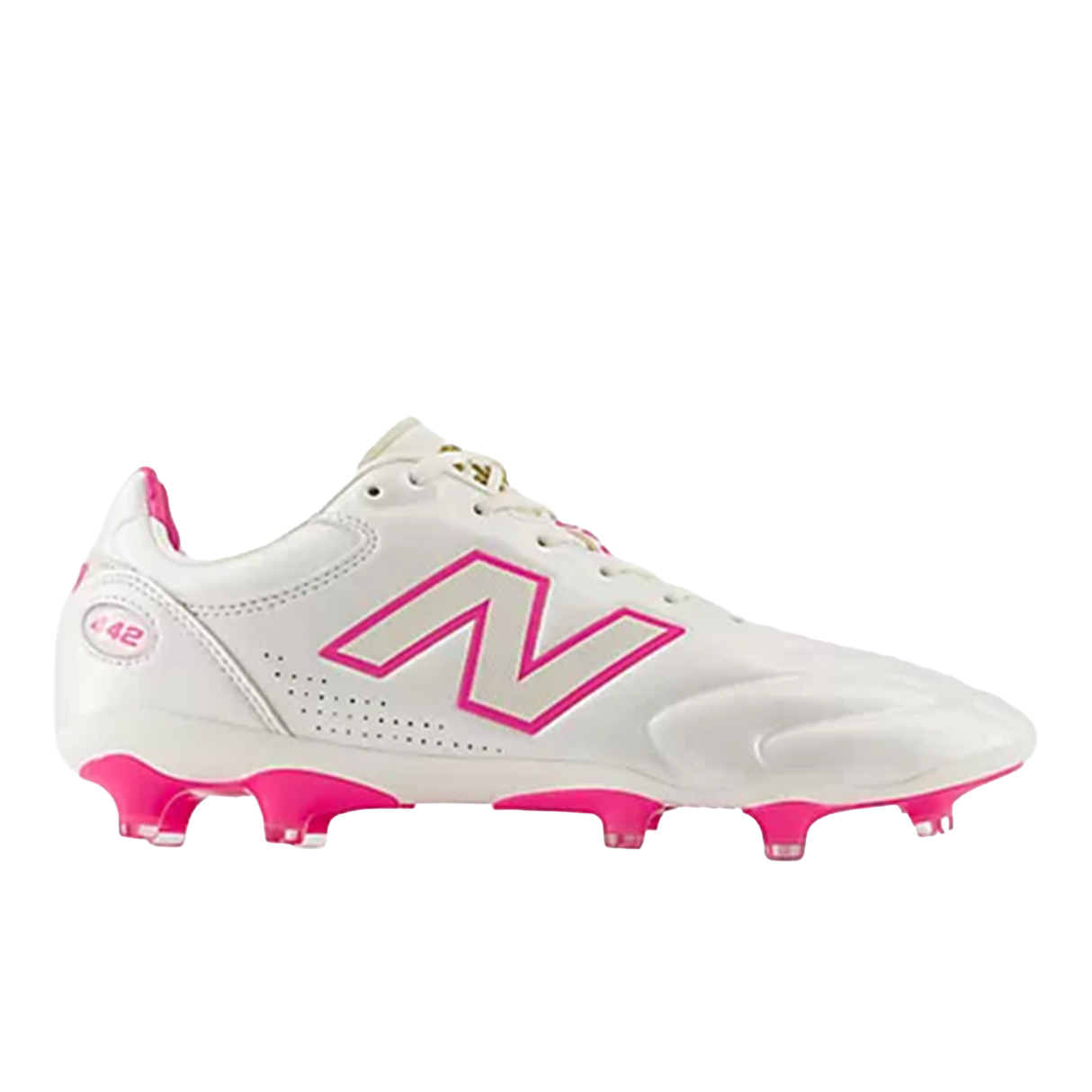 The New Balance 442 Elite FG v3 in Sea Salt/Pink Heat features pink accents and studs, a pink outlined "N" logo, and premium leather construction for style and top performance on firm ground fields.