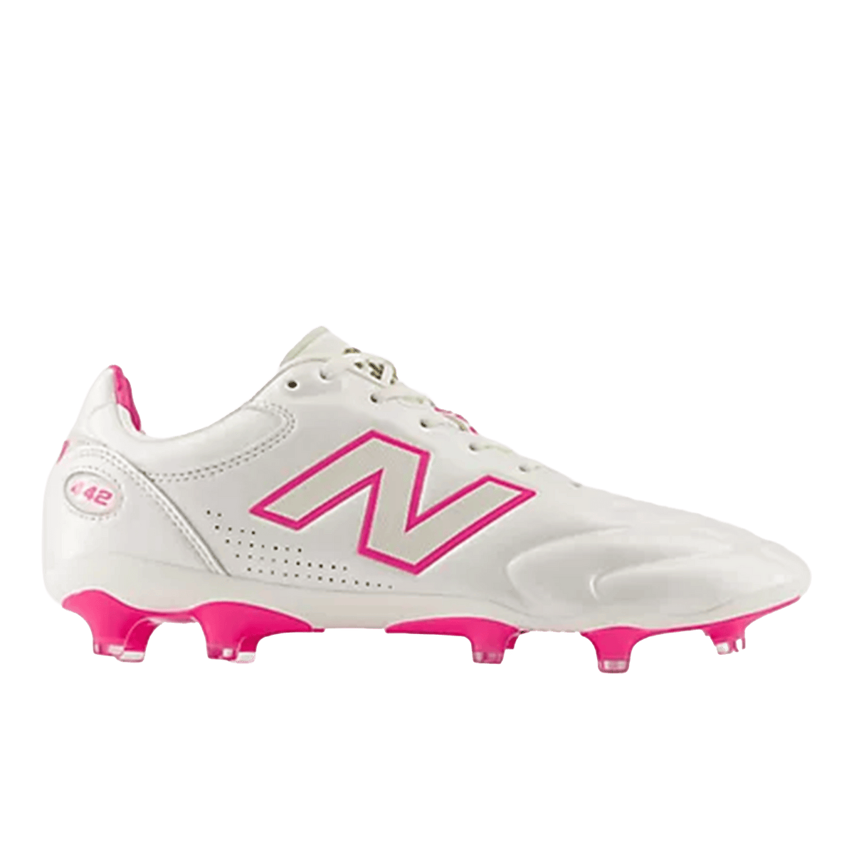 The New Balance Wide 442 Elite FG v3 soccer cleats in Sea Salt/Pink Heat feature pink accents and are designed for standout performance on firm ground.