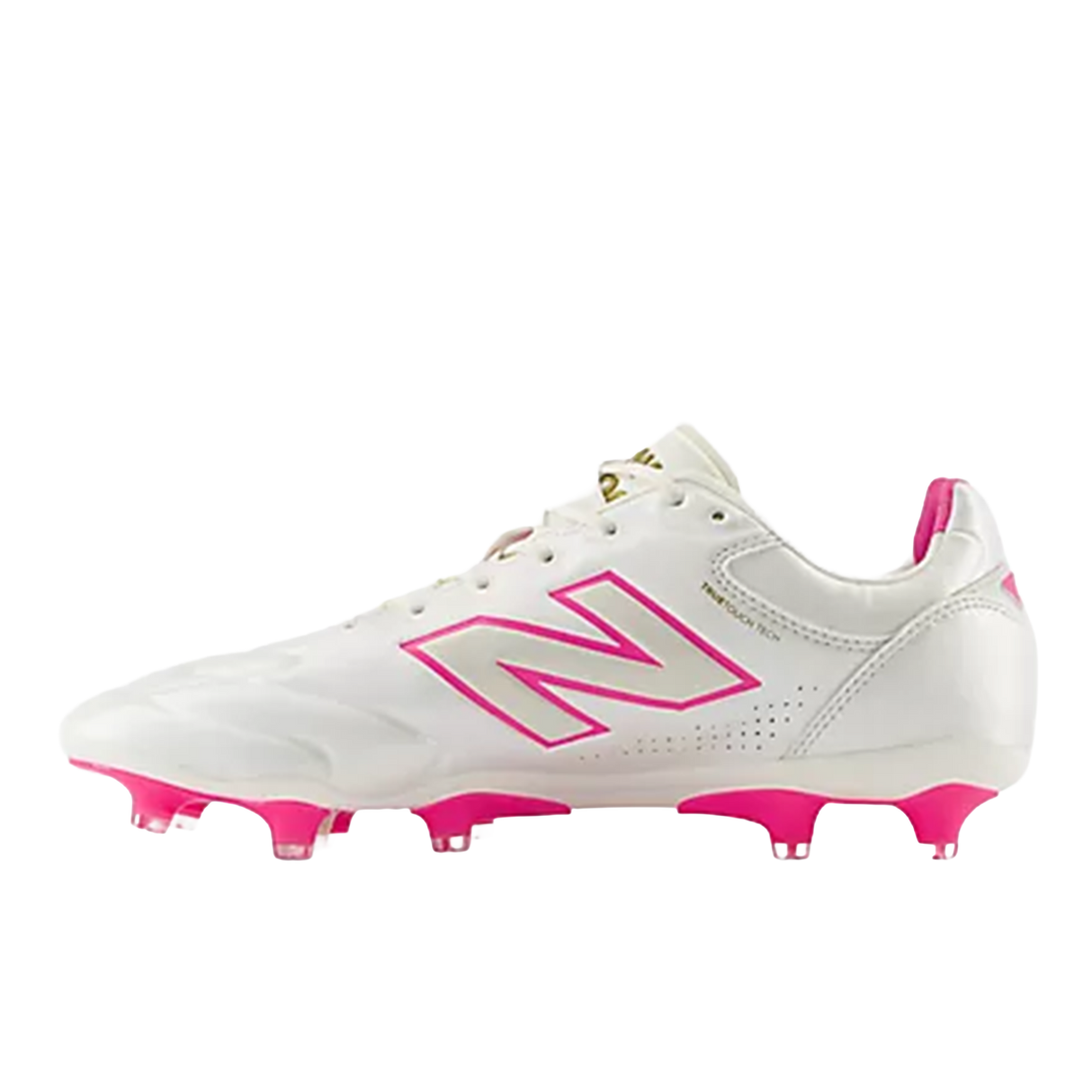 The New Balance 442 Elite FG v3 soccer cleat in Sea Salt/Pink Heat features a white premium leather upper with pink accents, including the "N" logo, studs, and heel tab—shown here in a side profile view.