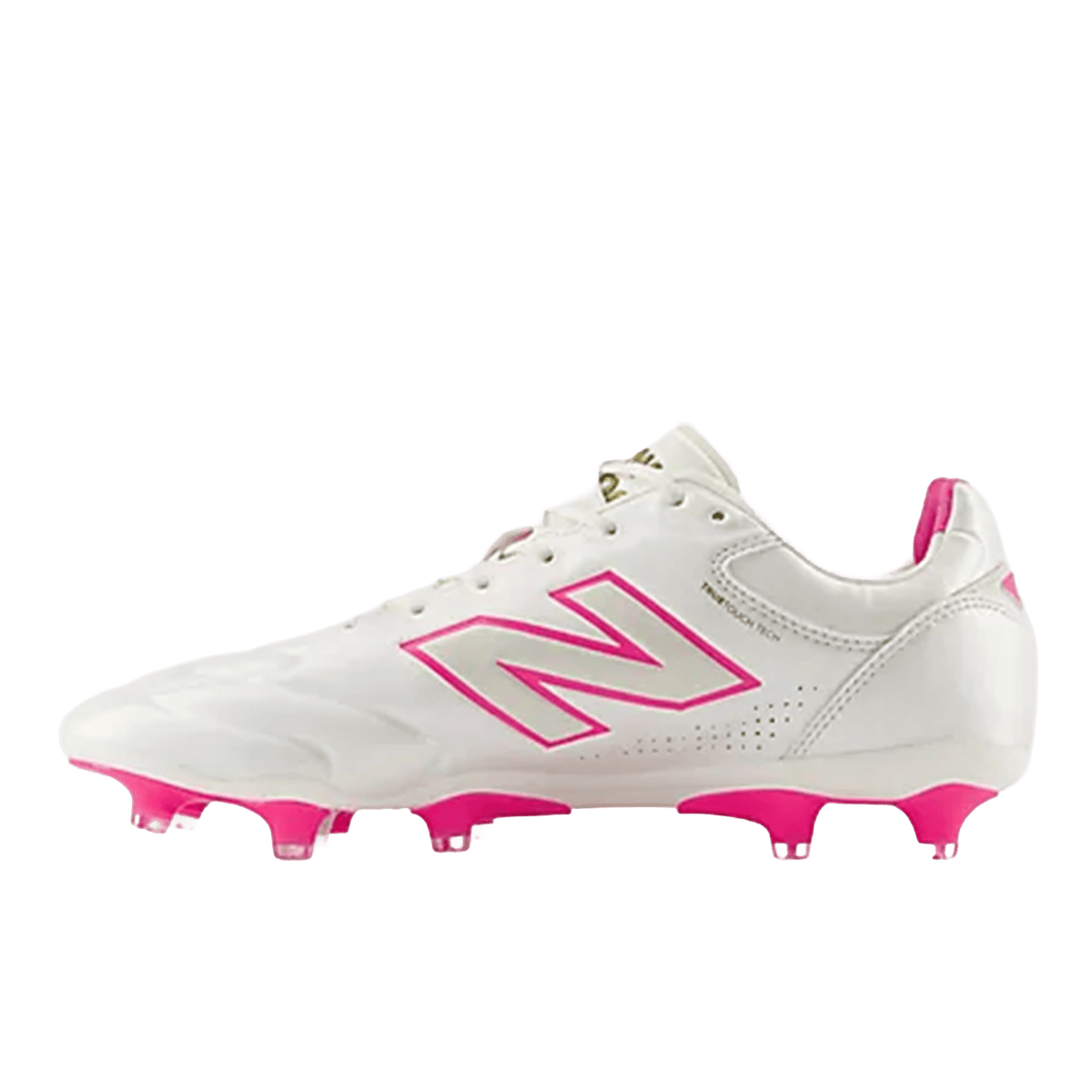 The New Balance 442 Elite FG v3 soccer cleat in Sea Salt/Pink Heat features a white premium leather upper with pink accents, including the "N" logo, studs, and heel tab—shown here in a side profile view.