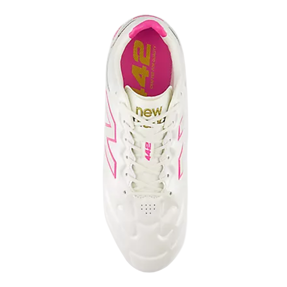 Top view of the New Balance 442 Elite FG v3 in Sea Salt/Pink Heat—premium leather firm ground boots with pink accents, gold "42" on the insole, and "new" partially visible on the tongue.