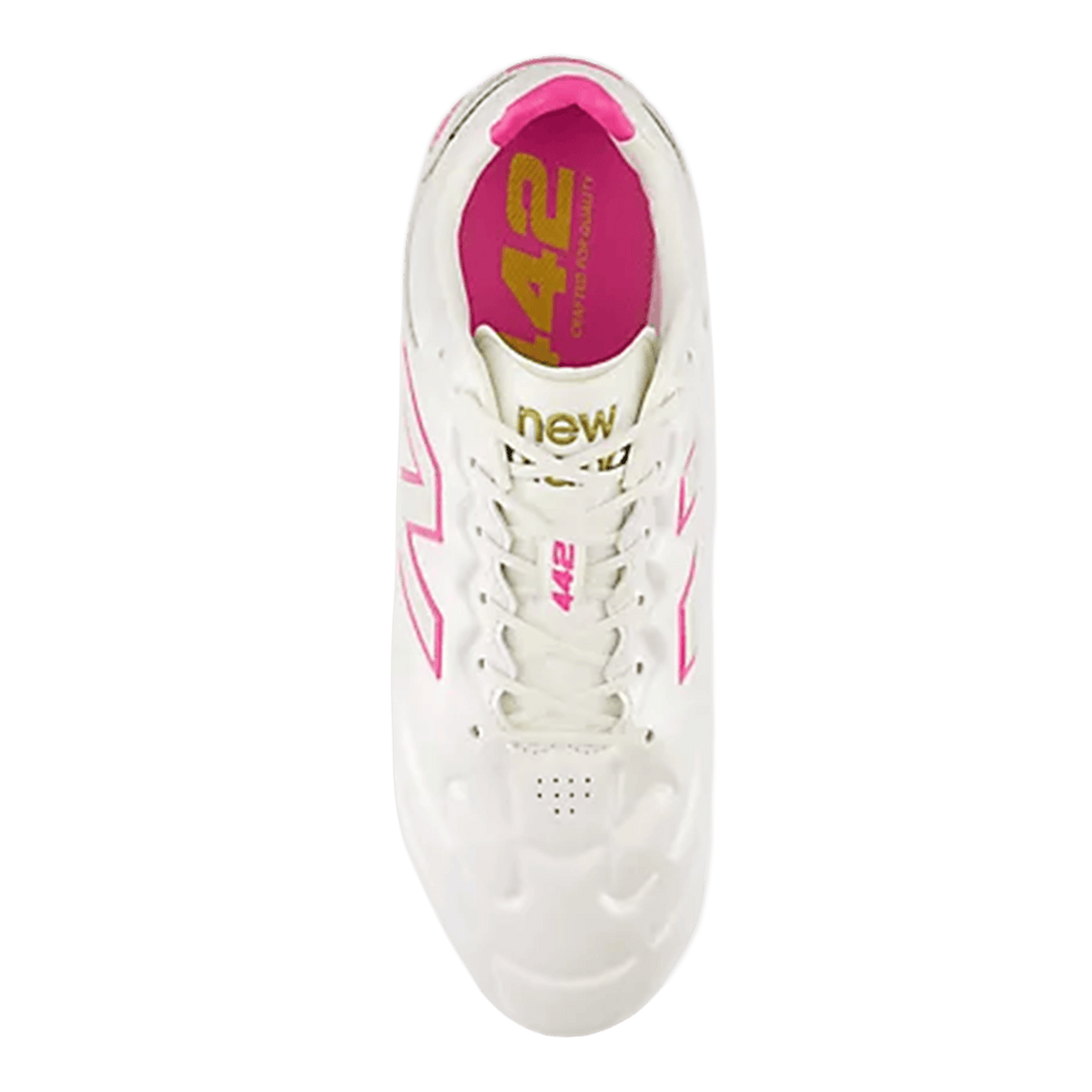 Top view of the New Balance Wide 442 Elite FG v3 in Sea Salt/Pink Heat, featuring pink accents, a gold "new" logo on the tongue, and the number 42 inside—designed for firm ground play.