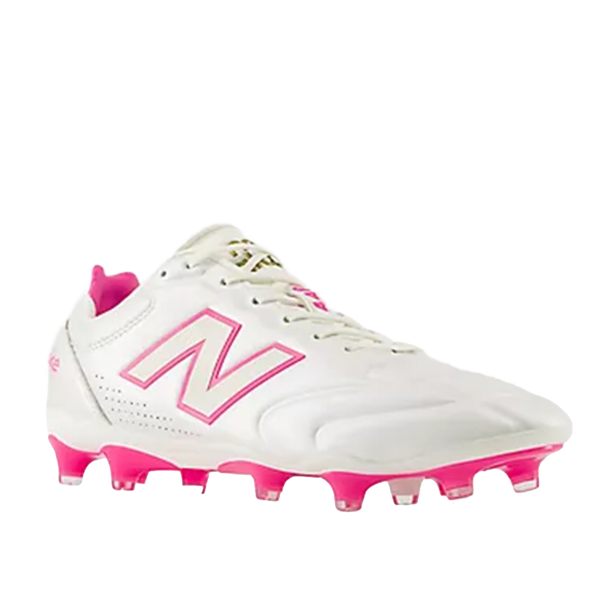 The New Balance Wide 442 Elite FG v3 in Sea Salt/Pink Heat, a white soccer cleat with pink accents and studs for firm ground, is shown front-facing on a plain background—perfect for players needing wide football boots.